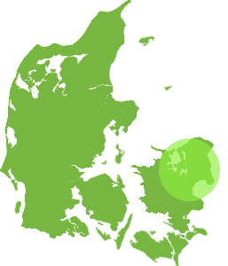 Et grønt Danmarkskort viser en markeret cirkel i området omkring Charlottenlund på Sjælland.